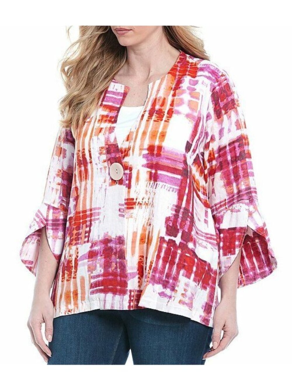 Ali Miles Womens Linen Jacket size Large Pink Orange 3/4 sleeve